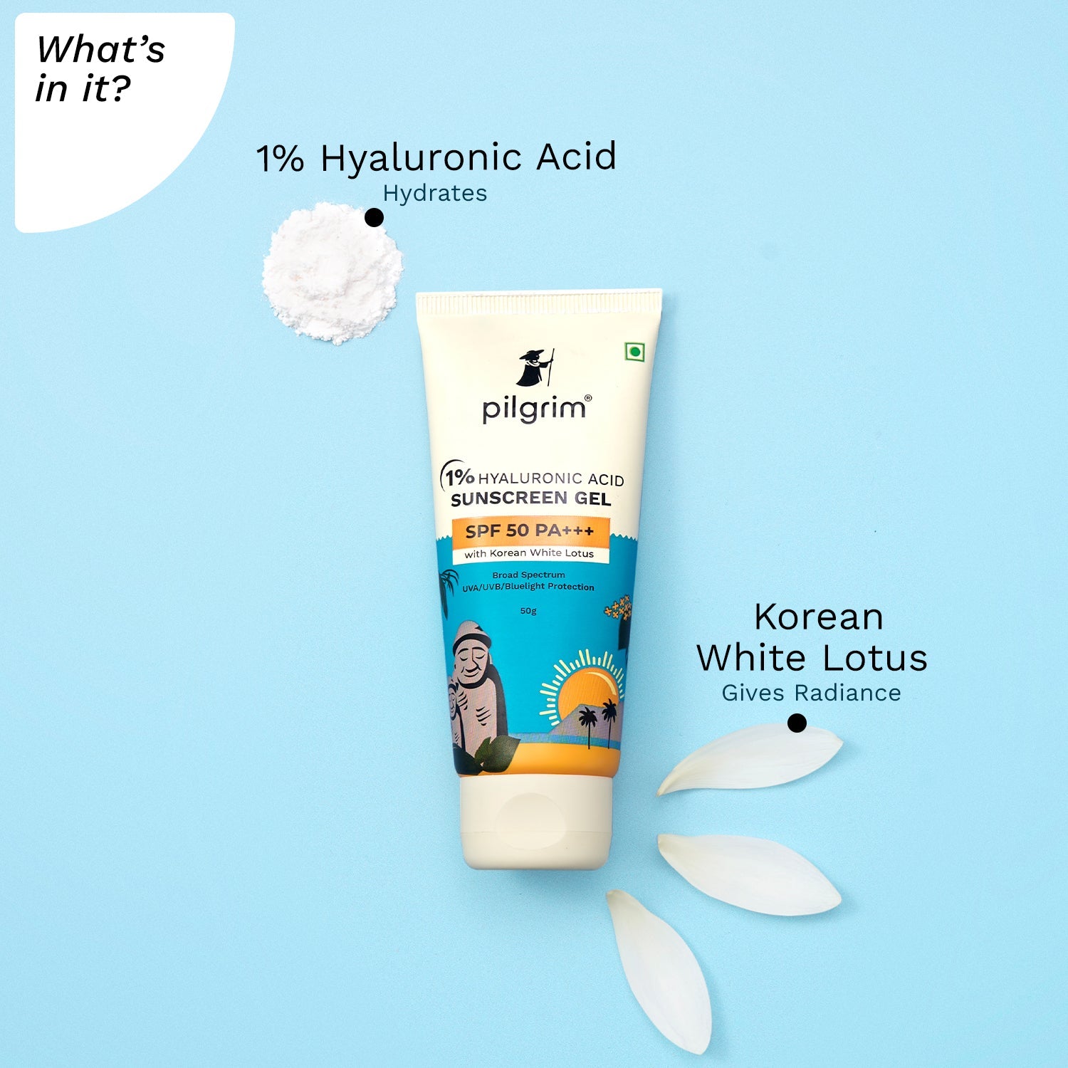 1% Hyaluronic Acid Sunscreen Gel | Sunscreen SPF 50 +++ for men and women with Korean White Lotus | Broad spectrum, Non-greasy, No white cast & Prevents Tanning 50 gm - What&