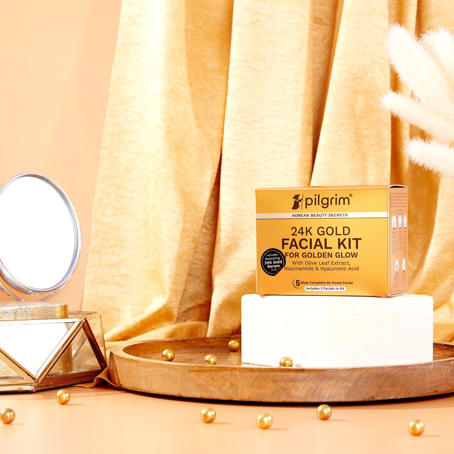  24K GOLD FACIAL KIT For Instant Radiance &amp; Golden Glow with 5 easy steps | with 24K Gold Gel Face Wash, 24K Gold Facial Mask, 24K Gold Serum, Gold Satin Hairband | All Skin types | 30 Gm - Image