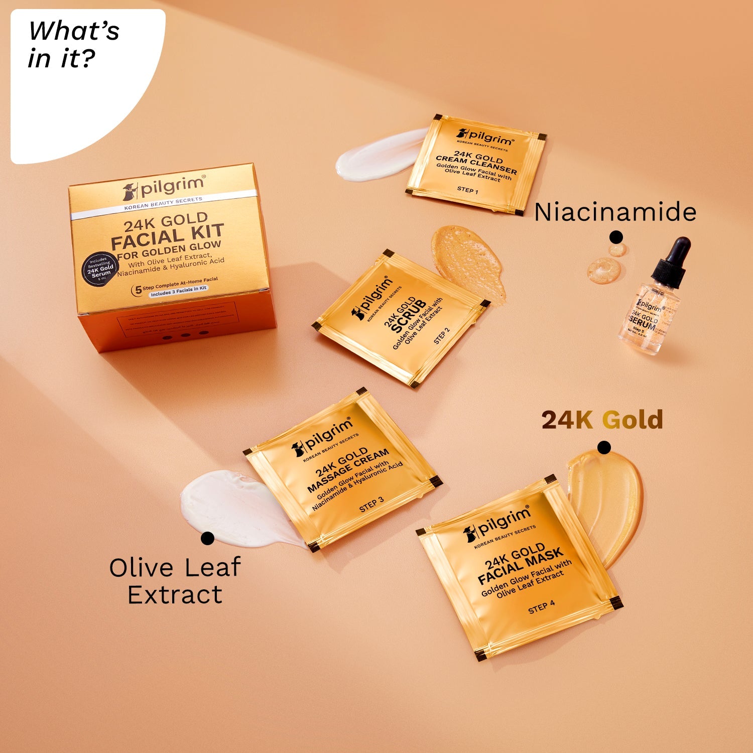  24K GOLD FACIAL KIT For Instant Radiance &amp; Golden Glow with 5 easy steps | with 24K Gold Gel Face Wash, 24K Gold Facial Mask, 24K Gold Serum, Gold Satin Hairband | All Skin types | 30 Gm - What&