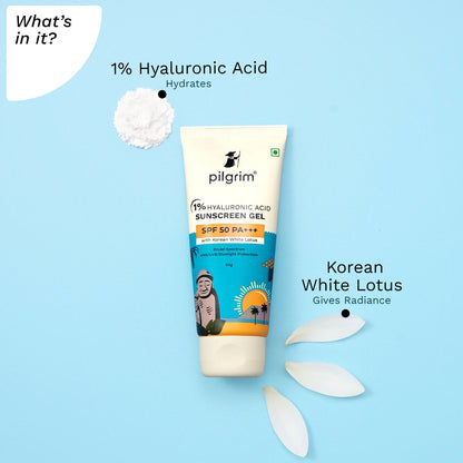  1% Hyaluronic Acid Sunscreen Gel | Sunscreen SPF 50 +++ for men and women with Korean White Lotus | Broad spectrum, Non-greasy, No white cast &amp; Prevents Tanning  50 gm - What&